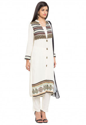 Printed Crepe Pakistani Suit in Off White
