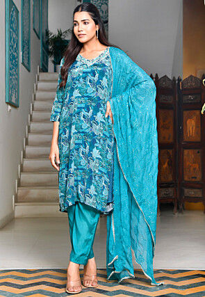 Printed Crepe Pakistani Suit in Teal Blue