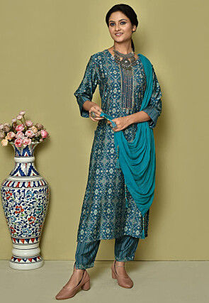 Printed Crepe Pakistani Suit in Teal Blue
