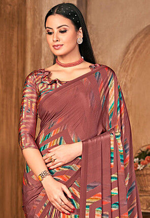 Printed Crepe Saree in Dark Old Rose