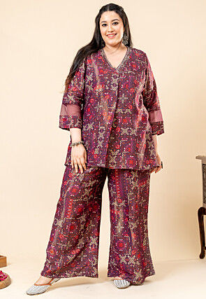 Printed Crepe Shimmer Kurti Set in Wine