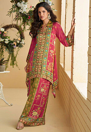 Printed Crepe Silk Asymmetric Kurta Set in Light Green and Pink