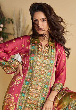 Printed Crepe Silk Asymmetric Kurta Set in Light Green and Pink