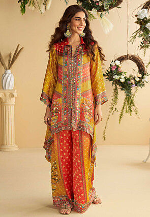 Printed Crepe Silk Asymmetric Kurta Set in Orange and Yellow