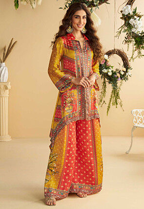 Printed Crepe Silk Asymmetric Kurta Set in Orange and Yellow