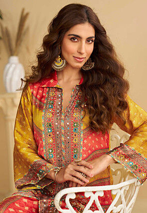 Printed Crepe Silk Asymmetric Kurta Set in Orange and Yellow