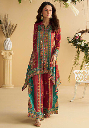Printed Crepe Silk Asymmetric Kurta Set in Rust and Teal Blue