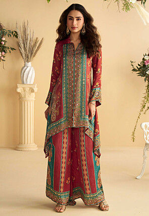 Printed Crepe Silk Asymmetric Kurta Set in Rust and Teal Blue