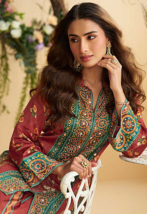 Printed Crepe Silk Asymmetric Kurta Set in Rust and Teal Blue