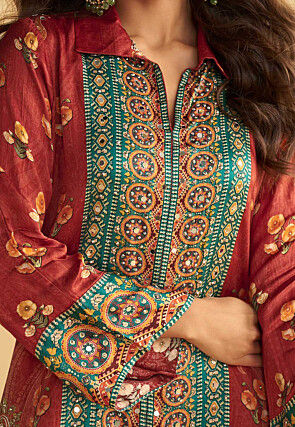 Printed Crepe Silk Asymmetric Kurta Set in Rust and Teal Blue