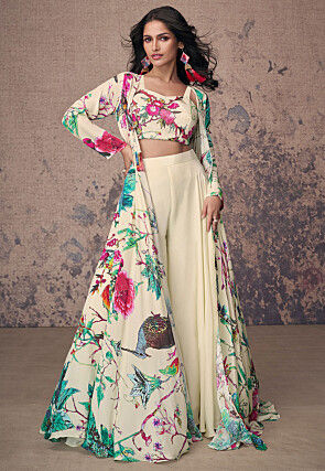 Printed Crepe Silk Crop Top Set in Off White