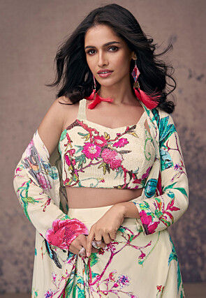 Printed Crepe Silk Crop Top Set in Light Green 