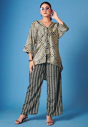 Printed Crepe Silk High Low Tunic Set in Beige