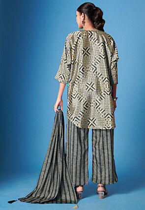 Printed Crepe Silk High Low Tunic Set in Beige