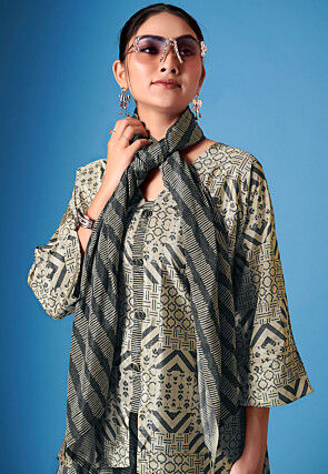 Printed Crepe Silk High Low Tunic Set in Beige