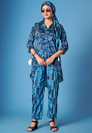 Printed Crepe Silk High Low Tunic Set in Blue