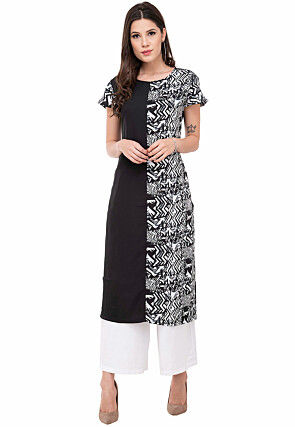 Printed Crepe Straight Kurta in Black