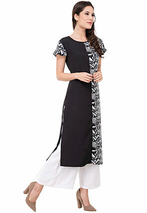 Printed Crepe Straight Kurta in Black