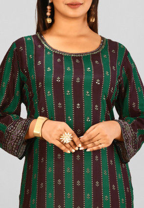Printed Crepe Straight Kurta in Green and Brown