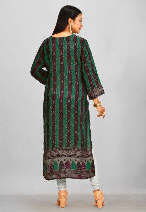 Printed Crepe Straight Kurta in Green and Brown