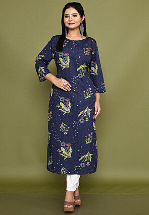 Printed Crepe Straight Kurta in Navy Blue