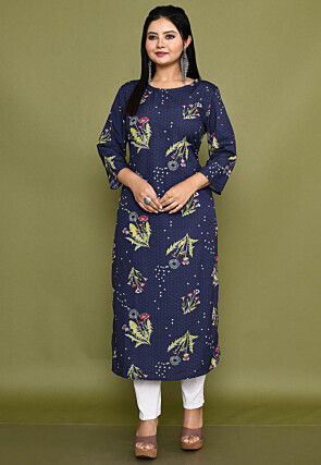 Printed Crepe Straight Kurta in Navy Blue