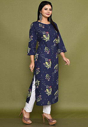 Printed Crepe Straight Kurta in Navy Blue