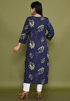 Printed Crepe Straight Kurta in Navy Blue