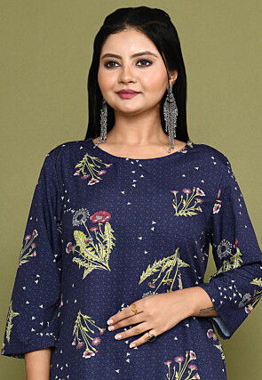 Printed Crepe Straight Kurta in Navy Blue