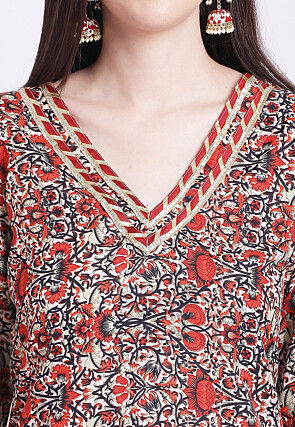Printed Crepe Straight Kurta Set in Off White and Rust
