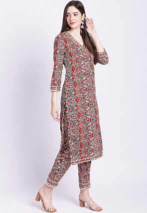 Printed Crepe Straight Kurta Set in Off White and Rust