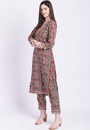 Printed Crepe Straight Kurta Set in Off White and Rust
