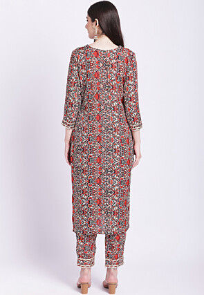 Printed Crepe Straight Kurta Set in Off White and Rust