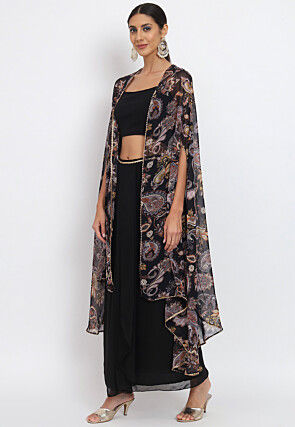 Printed Georgette Crop Top Set with Jacket in Black