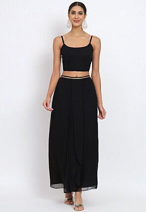 Printed Georgette Crop Top Set with Jacket in Black