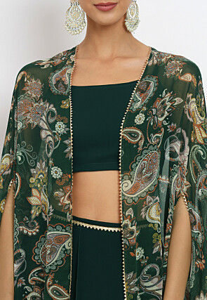 Printed Georgette Crop Top Set with Jacket in Dark Green