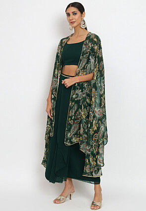 Printed Georgette Crop Top Set with Jacket in Dark Green