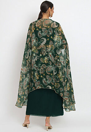 Printed Georgette Crop Top Set with Jacket in Dark Green
