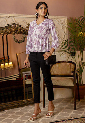 Printed Crush Polyester Top in Light Purple