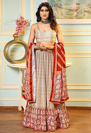 Printed Crushed Satin Lehenga in Cream
