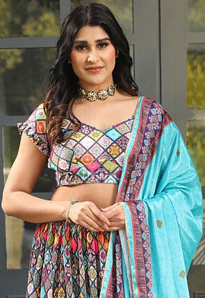 Printed Crushed Satin Lehenga in Multicolor
