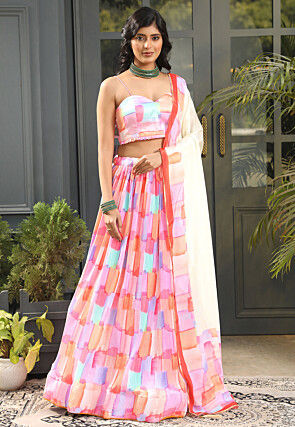 Printed Crushed Satin Lehenga in Multicolor