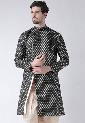 Printed Dupion Silk Angrakha Style Side Slit Kurta in Black
