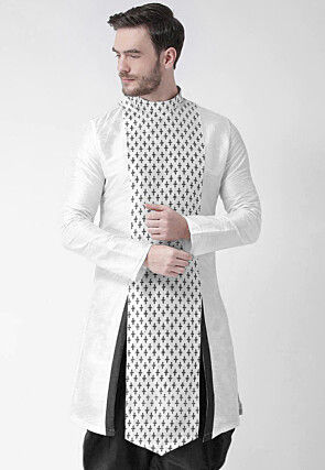 Printed Dupion Silk Angrakha Style Side Slit Kurta in White