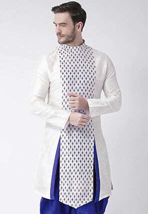 Printed Dupion Silk Angrakha Style Side Slit Kurta in White