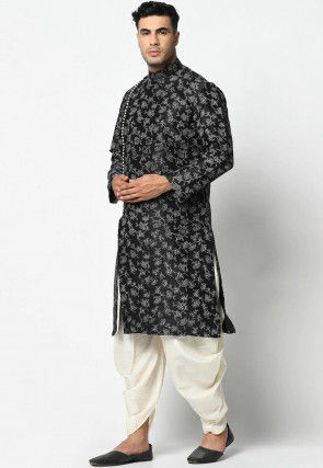 Printed Dupion Silk Dhoti Kurta in Black