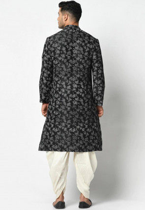 Printed Dupion Silk Dhoti Kurta in Black