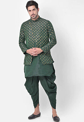 Printed Dupion Silk Dhoti Kurta Jacket Set in Dark Green