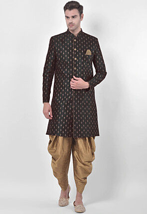 Printed Dupion Silk Dhoti Sherwani in Black