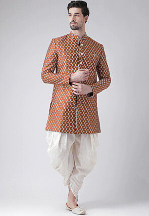 Printed Dupion Silk Dhoti Sherwani in Dark Rust